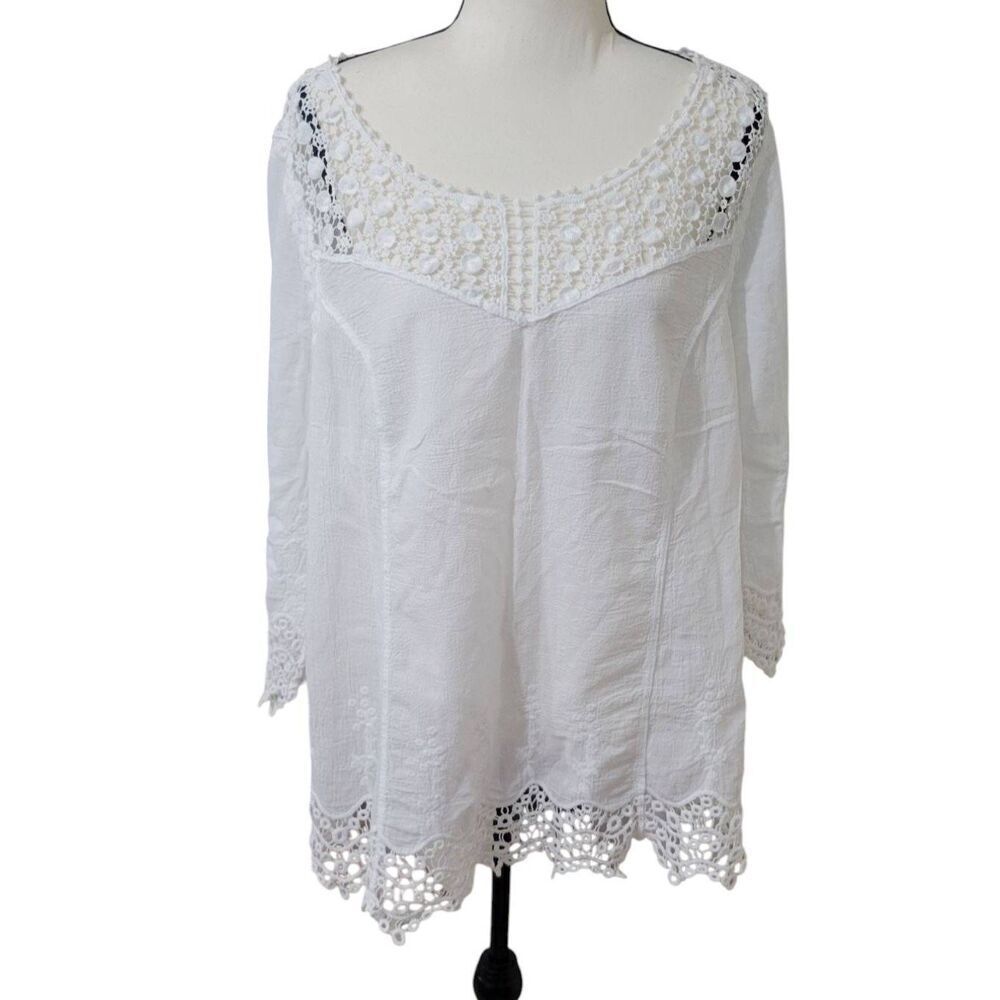 Ultra Pink Ivory Lace 100% Cotton Sz 1X Embroidery 3/4 Sleeve Casual Tunic Top